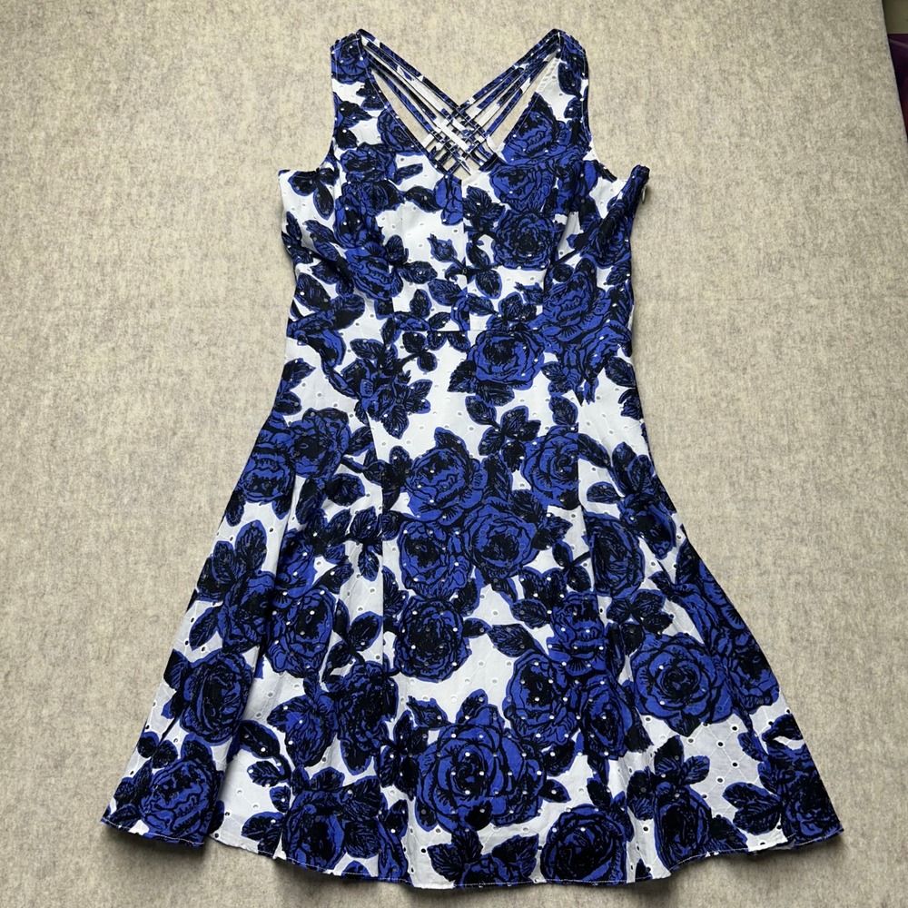 Adrianna Papell White Blue Floral Eyelet Fit‎ & Flare Dress Criss Cross Back 12P